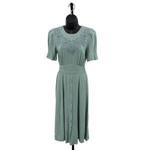 VTG Karin Stevens Dress WMNS 6 Petite Button-Down Pleated Smocked Lace Floral